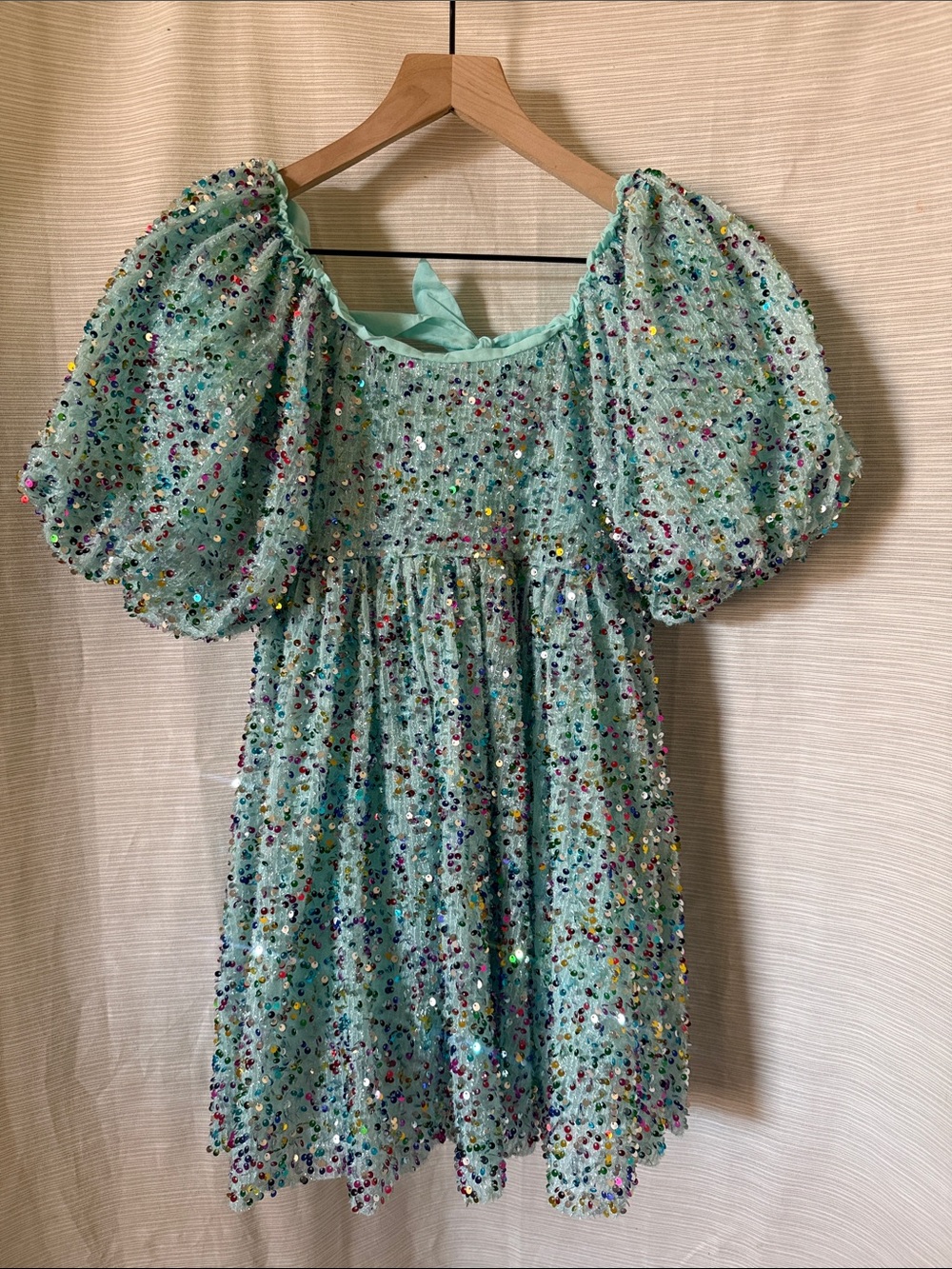 Lola + The Boys Mint Strawberry Birthday Cake Sequin Puff-Sleeve Party Dress